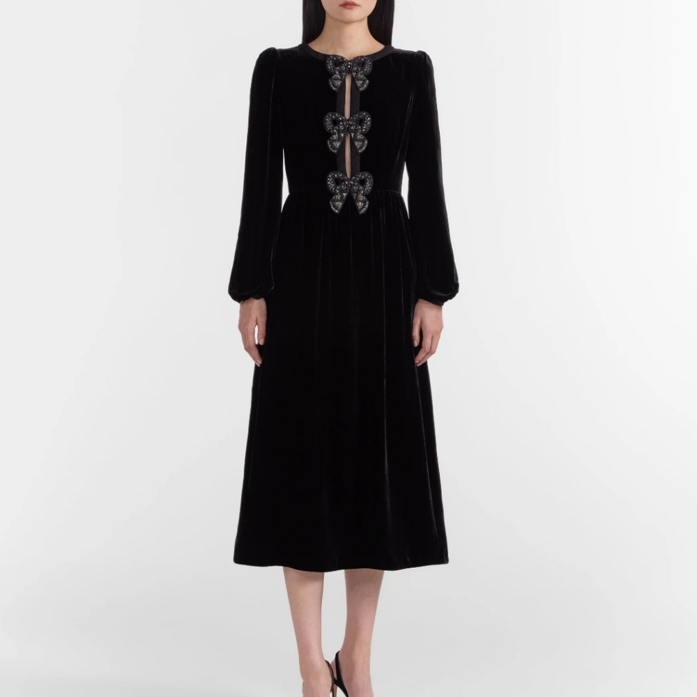 Saloni Camille Bows Velvet Midi Dress in Black